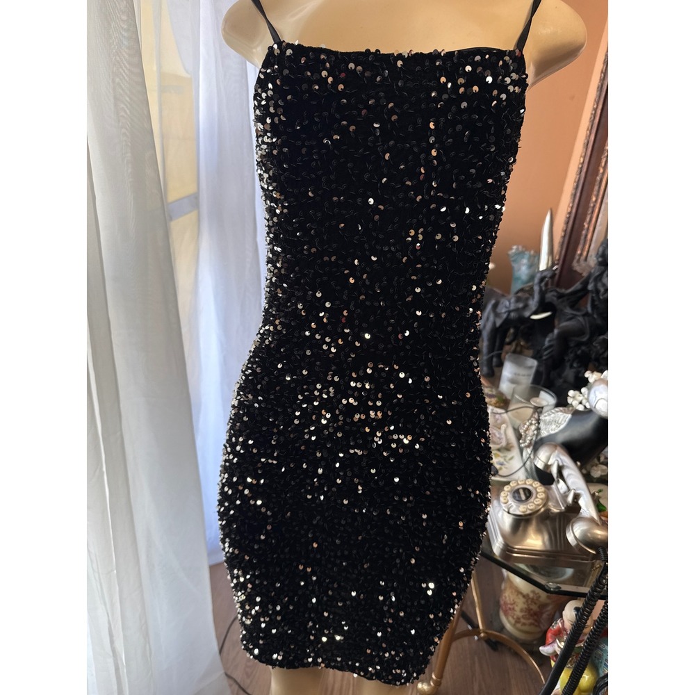 Mebius Black Sequin Bodycon Mini Dress Adjustable Straps Size 164 14Y